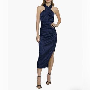 NWOT Donna Morgan Crossover Halter Neck Ruched Cocktail Dress (Navy, 14)